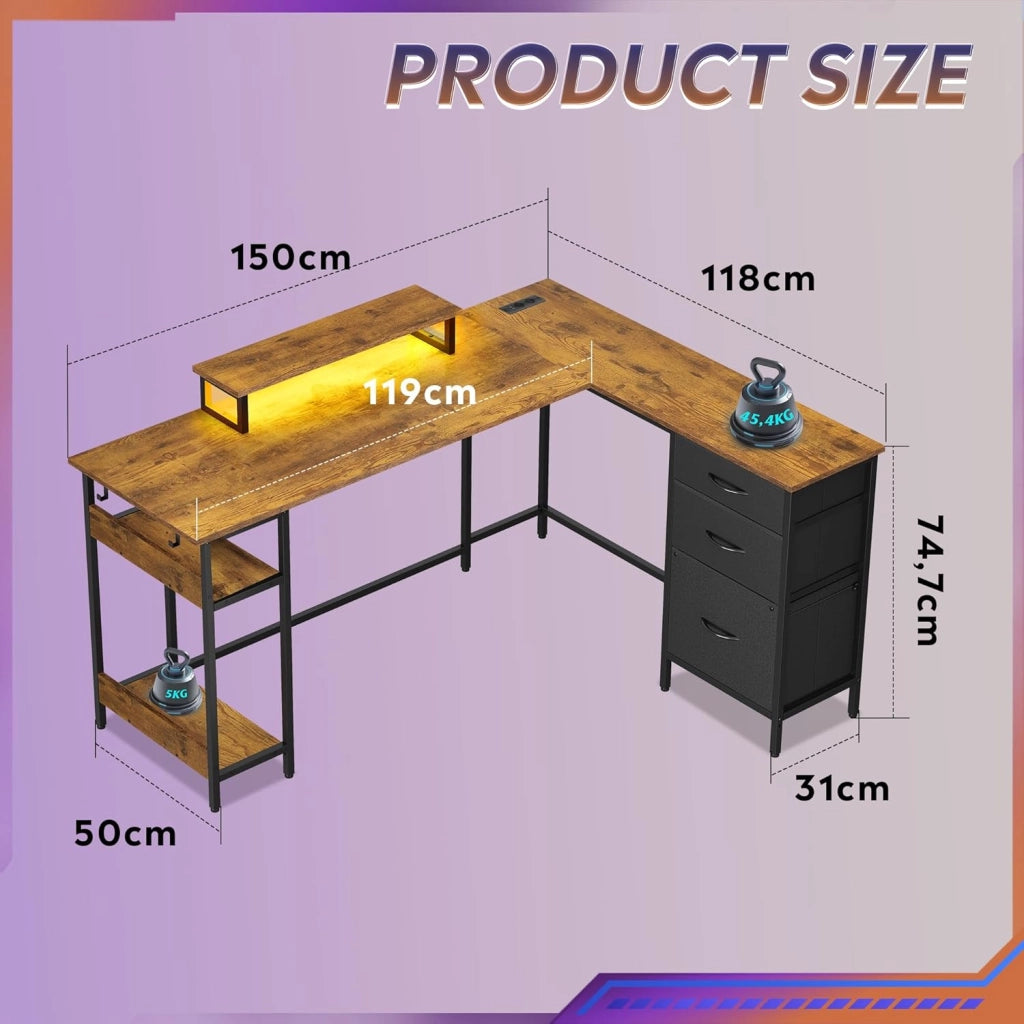 Scrivania da gaming angolare L ¨C zephmum ¨C marrone, legno, 150x118 cm