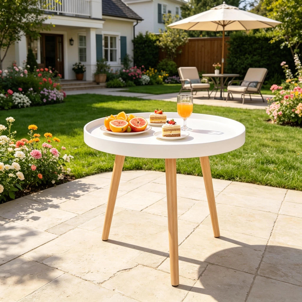 Tavolino basso rotondo con bordo rialzato e 3 gambe, stile semplice, in MDF e legno, bianco e rovere, Ø 50 × 44 cm