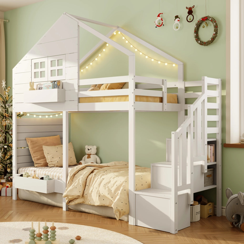 Letto a castello per bambini 90x200 cm con scala contenitore; finestra e struttura in pino bianco