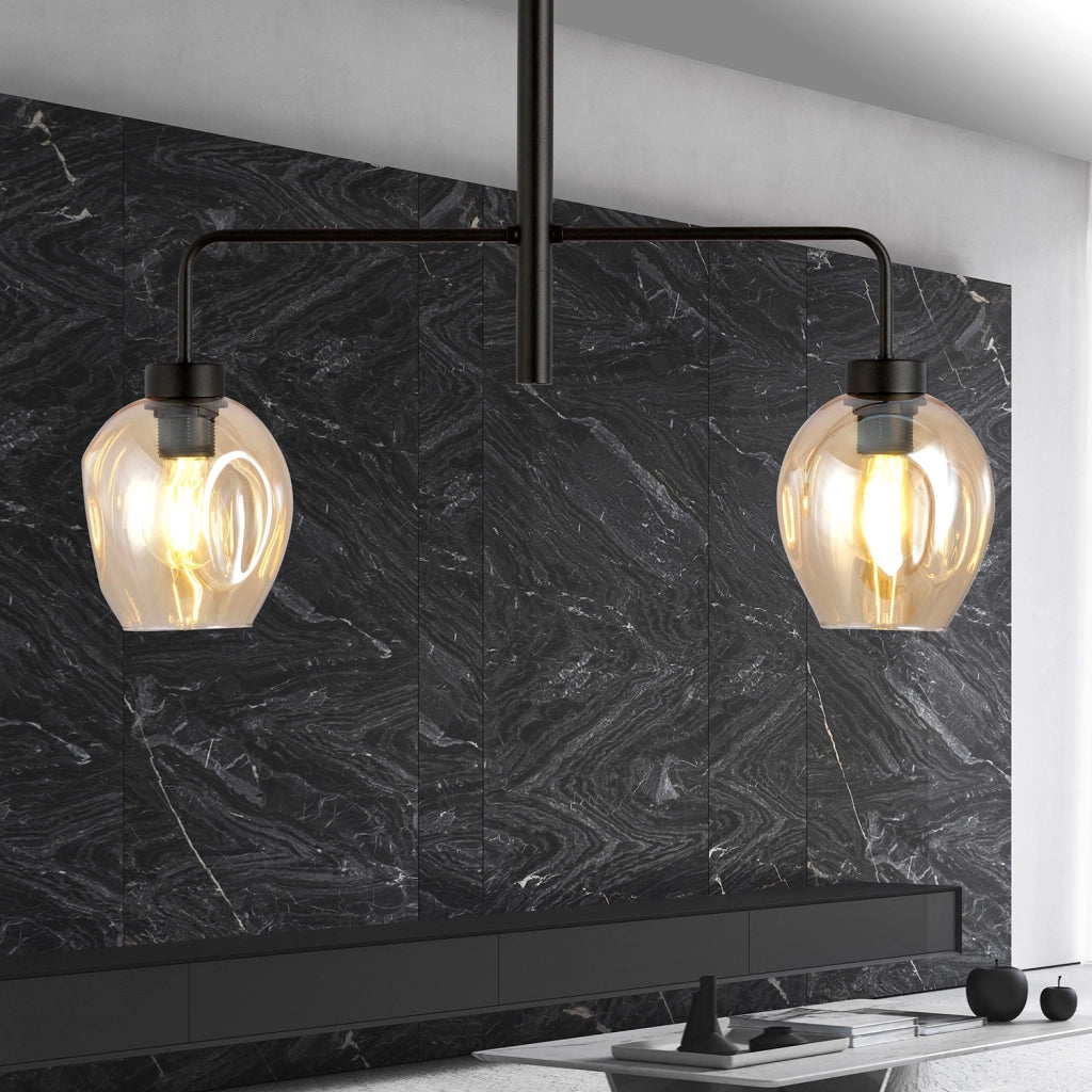 Lampadario Moderno 2 Luci Eritonio In Accaio Nero E Vetro Ambra