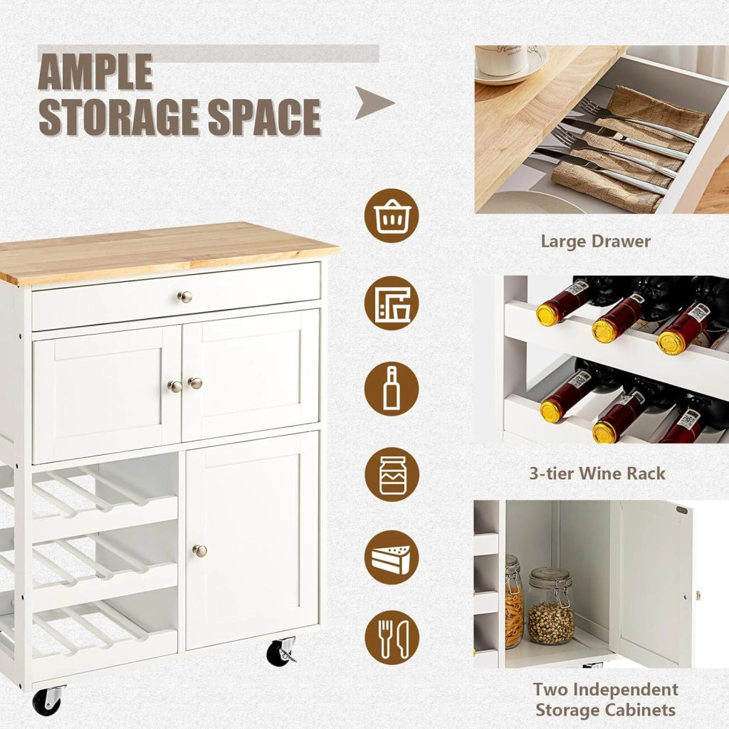 Carrello centrale con ripiani e piano di lavoro in legno di hevea, carrello con ruote e cassetto, 2 armadi, portabottiglie a 3 livelli, carrello con ruote, 67 x 37 x 86 cm (Bianco)