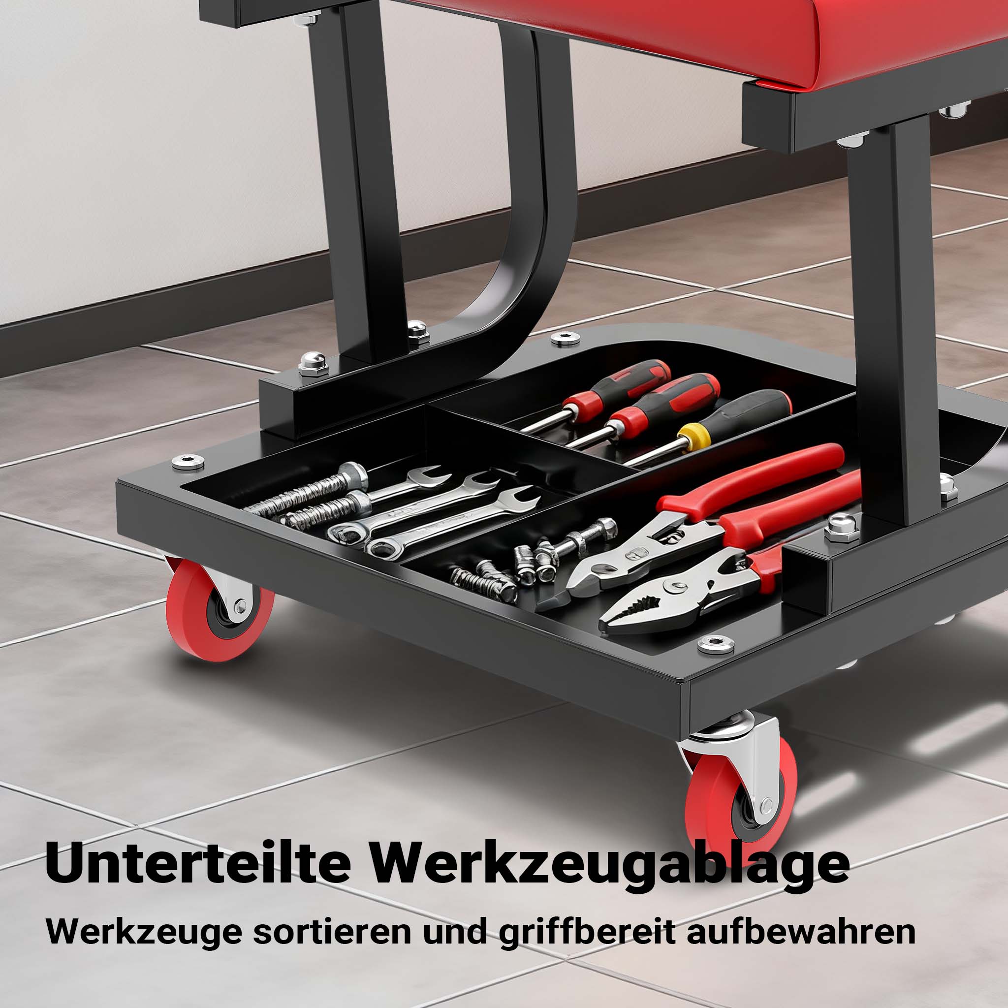 Sgabello per officina con ruote; sgabello di montaggio, carrello meccanico con ripiano porta-attrezzi