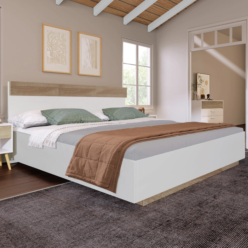 Letto matrimoniale fluttuante 180x200 cm in legno bianco e rovere Sonoma con rete a doghe e testiera