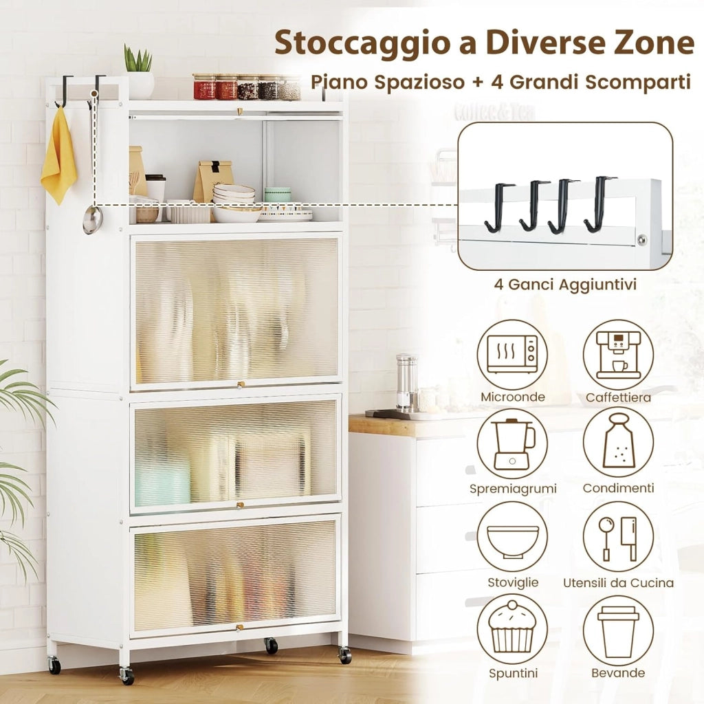 Armadio da Cucina a 5 Ripiani, Mobile Dispensa Cucina con Ruote Girevoli, 4 Porte PC a Ribalta e 4 Ganci, Mensola Microonde in Metallo per Soggiorno, Cucina, Sala da Pranzo (Bianco)