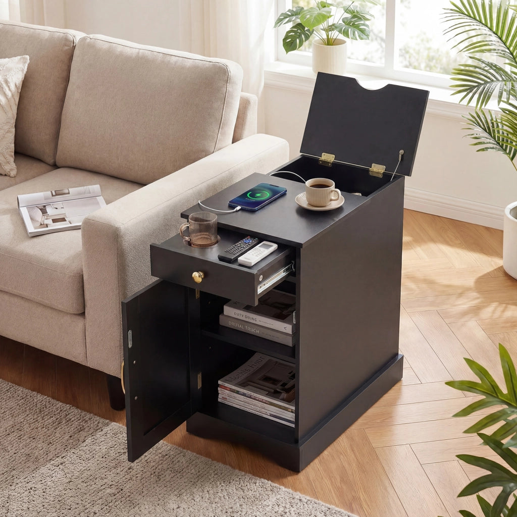 Tavolino divano 2 pz ricarica cassetto armadietto ripiano regolabile-Tavolino legno comodino stretto soggiorno camera bianco Nero