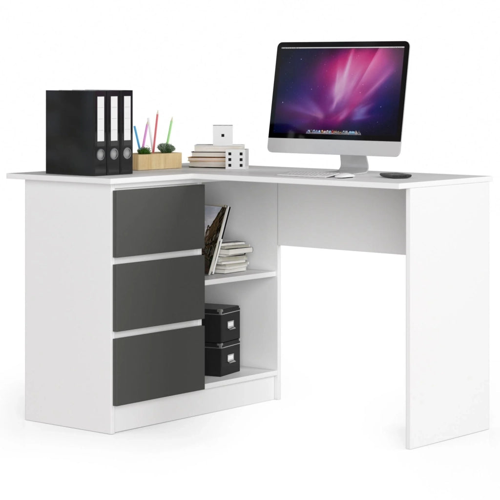 Scrivania angolare AKORD B16 Bianco 124 cm 3 cassetti inserto frontale Grigio Grafite 124x85x77 cm Modello a sinistra