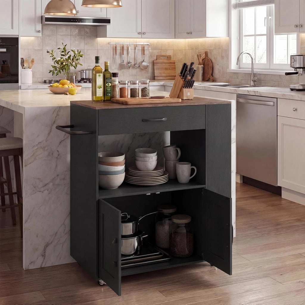 Credenza da Cucina su Ruote, Isola Mobile, Carrello da Servizio con Cassetto e 3 Ripiani, 2 Colori, 75 x 46 x 90,5 cm (Nero)
