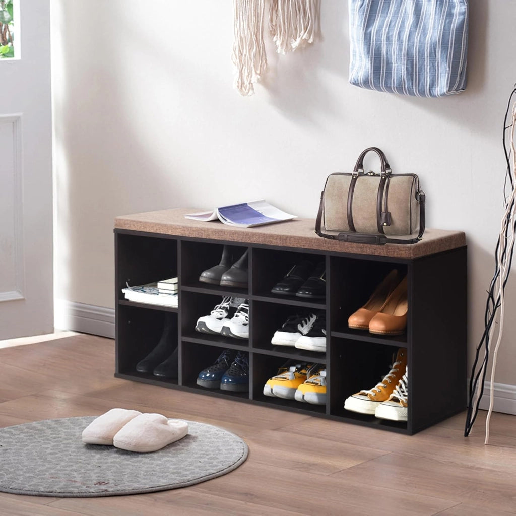 Scarpiera Salvaspazio da Ingresso con 10 Scomparti, Panca Contenitore con Cuscino, Cassapanca Portascarpe 104 x 30 x 48cm (Marrone)