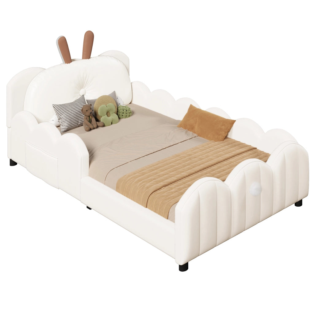 Letto con Sponde; Letto Singolo 90 x 200 cm con Testiera Imbottita e Cuscino; senza Materasso; Beige