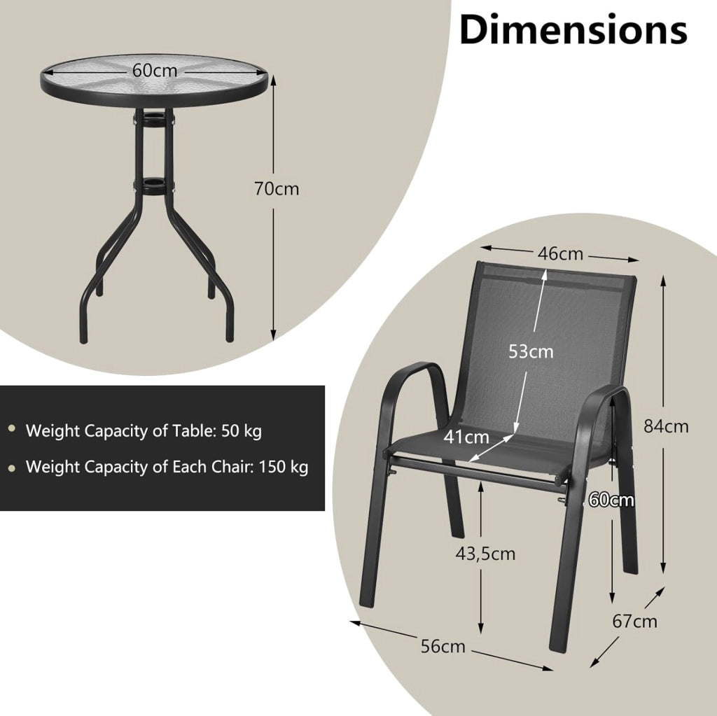 Set da Bistrò in Tessuto Textilene, Set da Giardino in 3 Pezzi, Tavolo Rotondo in Vetro Portato 50 kg, Sedie Portate 150 kg, Set Tavolo e Sedie da Esterno, Patio, Cortile, Veranda (Nero)