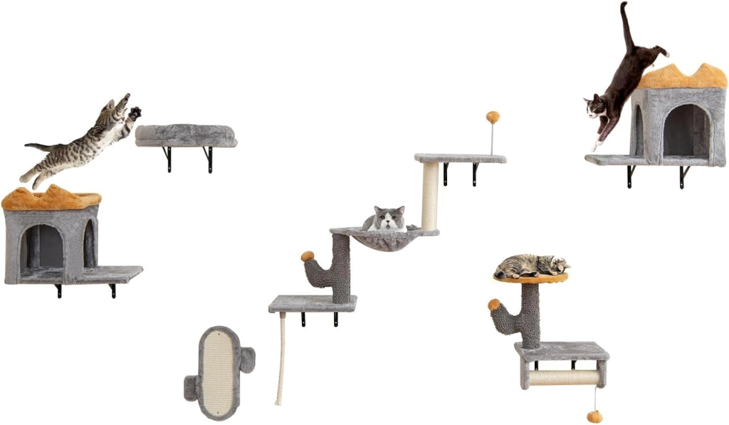 Set Albero per Gatti da Parete, Set Albero Tiragraffi Salvaspazio con Piattaforme, 2 Comode Cuccie, 1 Letto Comodo e 1 Tavola Graffio, Centro Attività per Gattini per Soggiorno