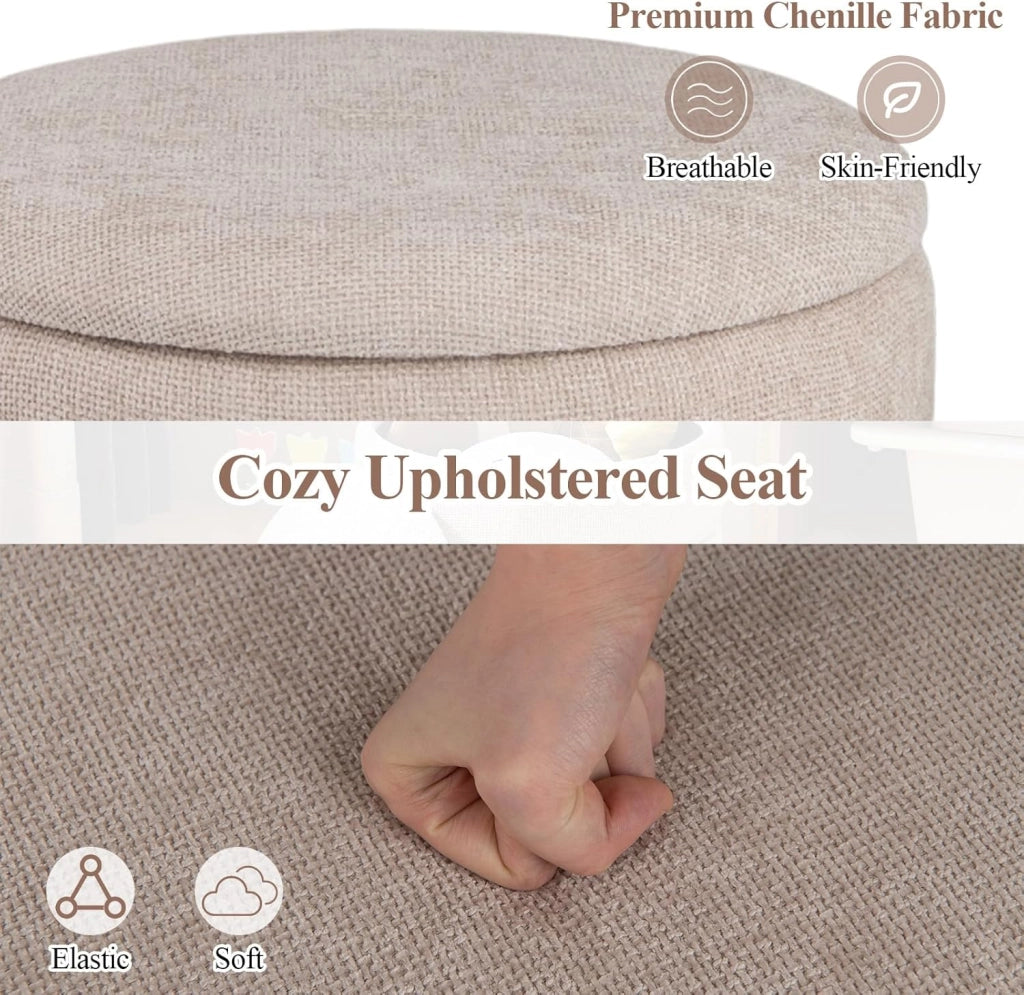 Pouf con Contenitore, Scatola Portaoggetti Rotonda con Coperchio, Pouf Poggiapiedi Imbottito con Legno di Pino, Panca Contenitore per Camera da Letto, Ø 43x46 Cm, Beige