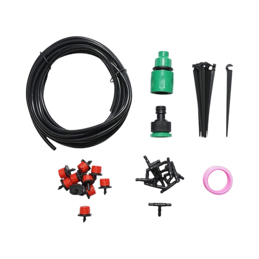 Kit completo per irrigazione a goccia con tubo da 5,5 m, ugelli, connettori e aste di fissaggio (34 pezzi)