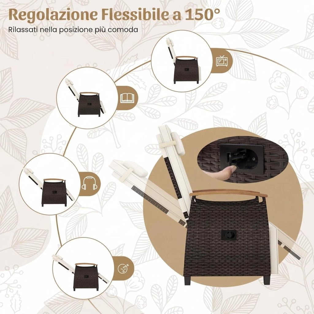 Poltrona Reclinabile da Giardino, Sedia Relax Esterno in Rattan con Schienale Regolabile a 150°, Poggiapiedi e Tavolino Pieghevole, Portata 180 kg, per Patio, Cortile e Terrazzo (Bianco,1)