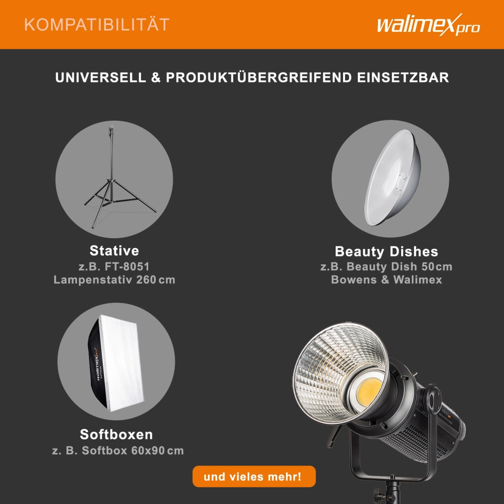 Niova Plus 500 Daylight, Set 2 Faretti LED per fotografia, luce video 500 W, con riflettore Bowens e diffusore, con tecnologia COB-LED, per studio fotografico