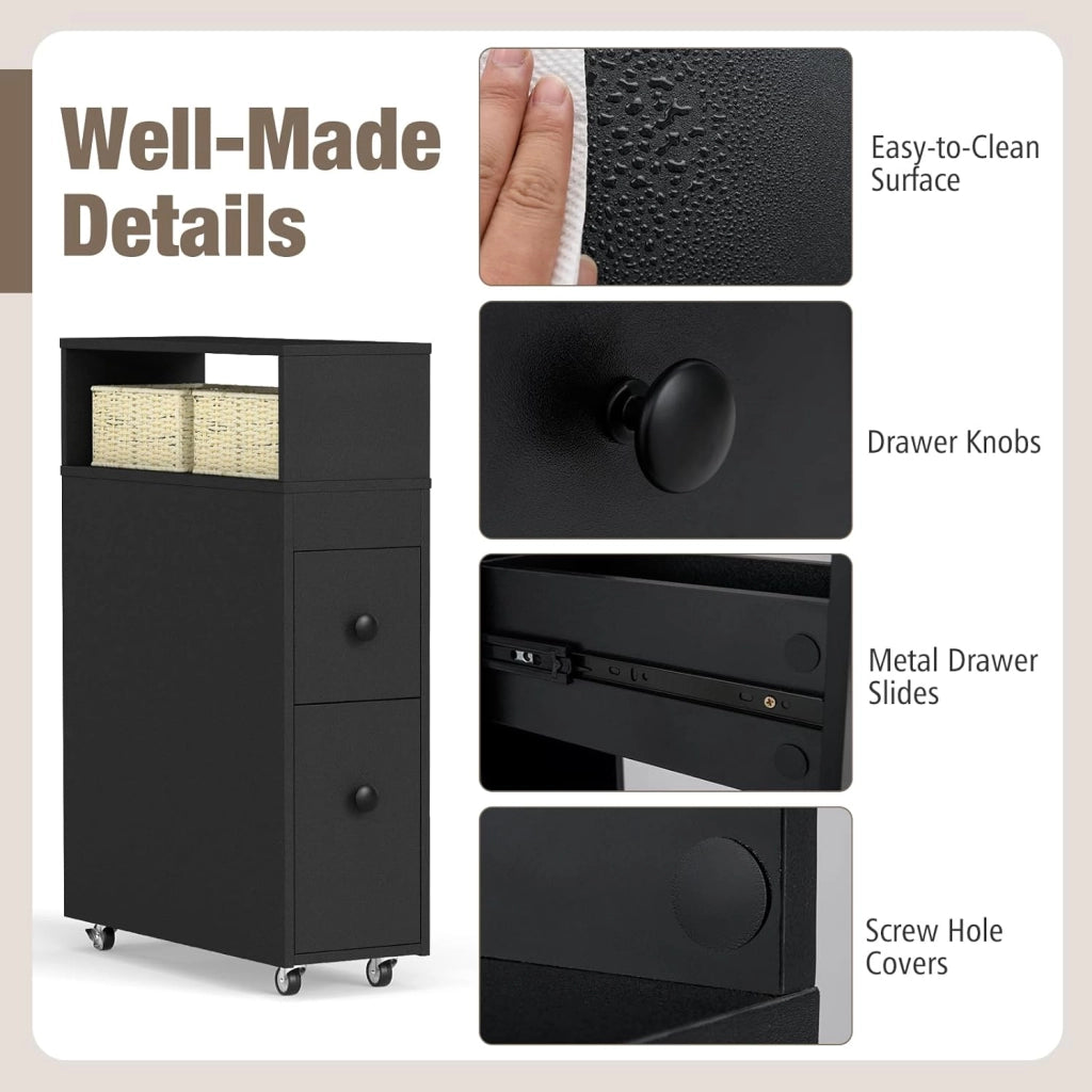 Carrello Stretto Sottile Salvaspazio Cucina Bagno da 19 cm, con 2 Cassetti e 2 Cestini di Vimini, Carrello Arrotolabile, Slim, 19 x 50 x 72 cm, Bianco/Nero (Nero)