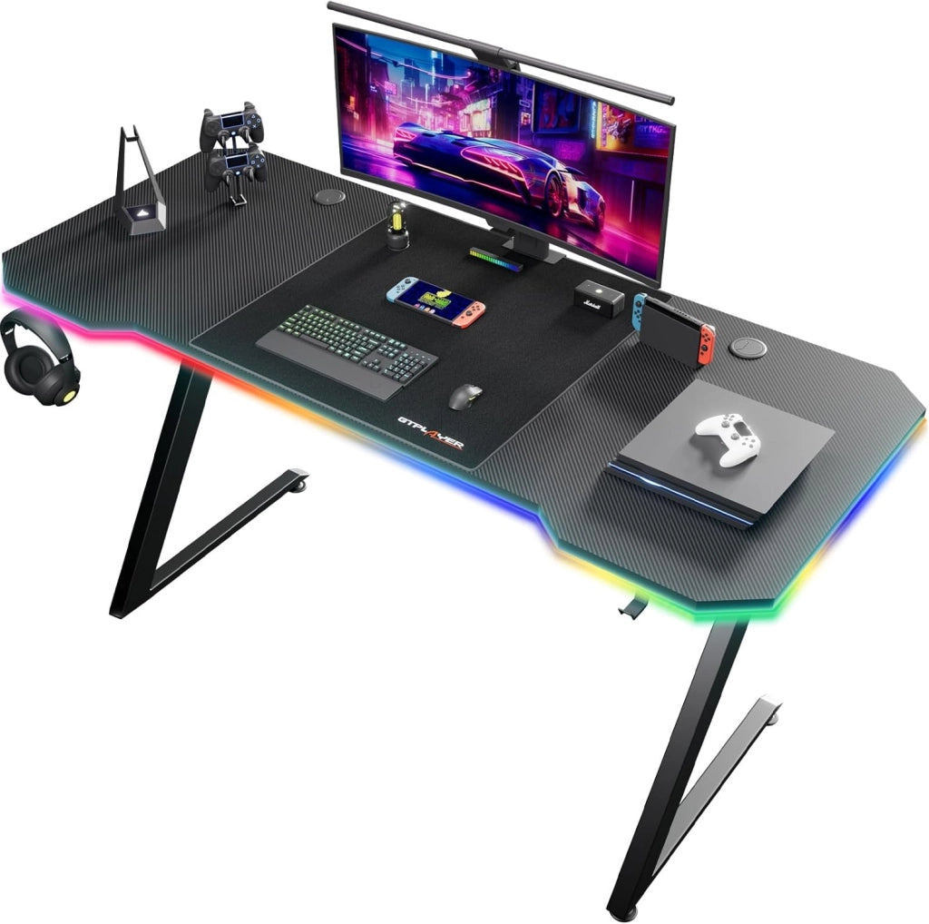 Tavolo da gioco 120 x 60 cm, con tappetino per mouse, Tavolo da gioco per computer in fibra di carbonio con gancio per casco, nero (con presa multipla)