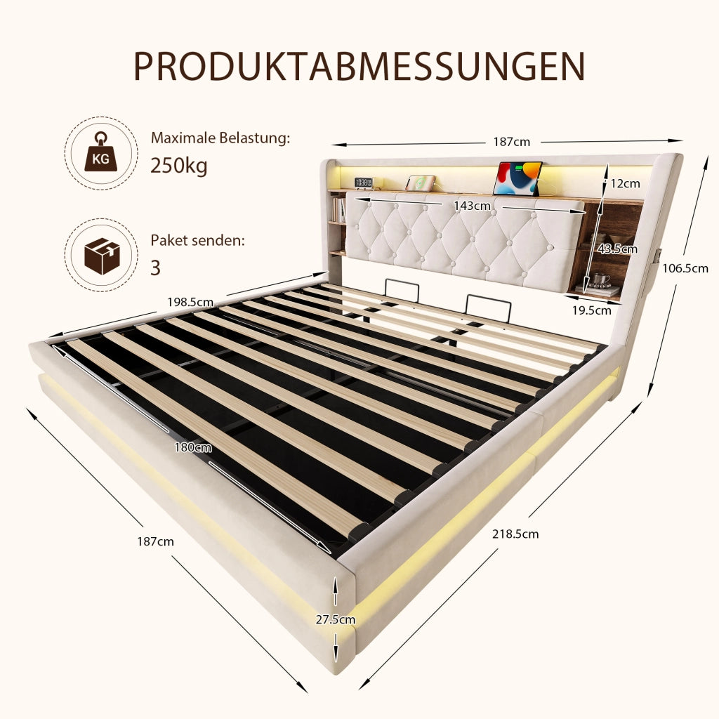 LETTO Contenitore 180x200 cm in velluto Beige con testiera multifunzione