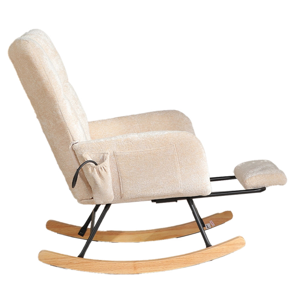 Sedia a dondolo con schienale alto e braccioli in chenille beige