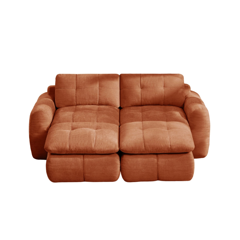 Divano modulare 2 posti con 2 pouf in chenille arancione; struttura senza telaio 194x160x68 cm