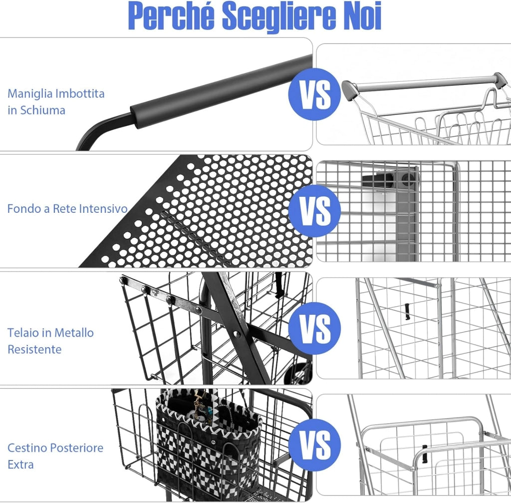 Carrello Portaspesa Pieghevole con Sacca, Carrello della Spesa Pieghevole con Ruote Girevoli a 360°, 2 Cesti, Capacità di Carico: 150 kg, 126 L, 66 x 64 x 103 cm (Nero)