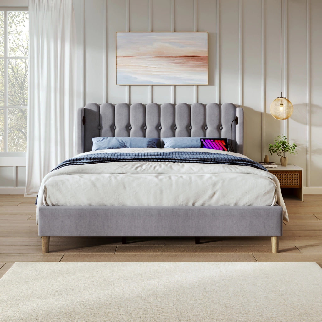 Letto imbottito 160x200 cm con ricarica USB+Type-C in lino grigio