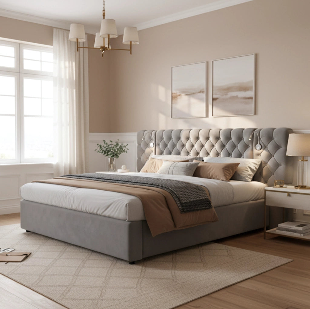 Letto matrimoniale imbottito 180x200 cm in velluto grigio con luce da lettura e contenitore idraulico