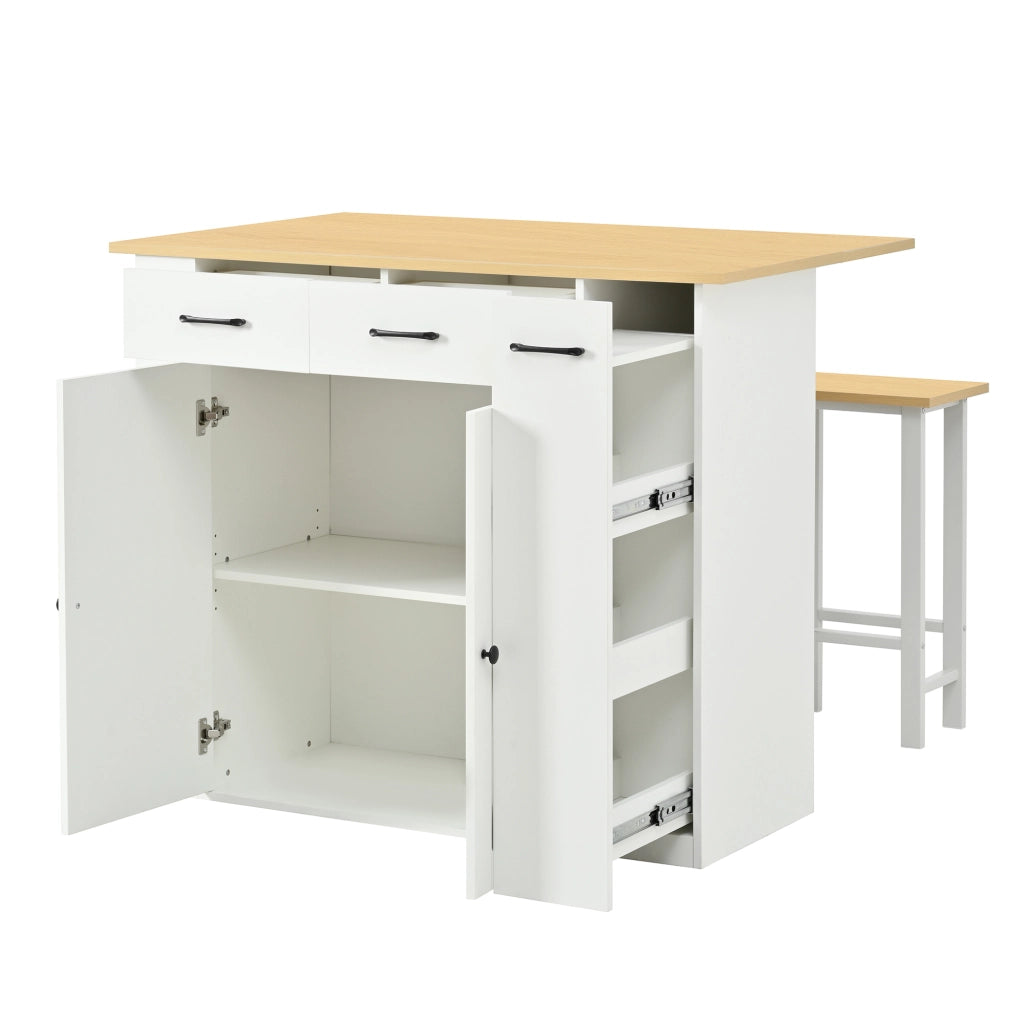 Isola Cucina con Tavolo Estensibile 120×45-75 cm; 2 Sgabelli; Ripiani Regolabili; Cassetti e Prese AC/USB Bianco