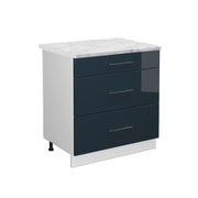 Mobiletto base per cucina Fame-Line Blu scuro lucido/Bianco 80 cm con 3 cassetti, PL Marmo Vicco