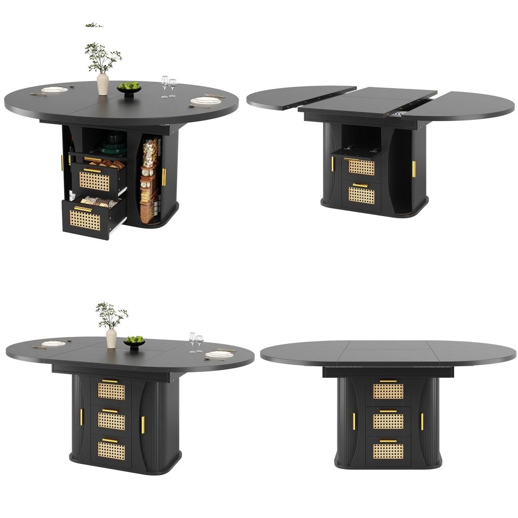 Tavolo allungabile da pranzo con cassetti effetto rattan e spazio contenitore struttura in MDF nero