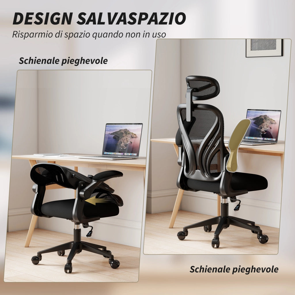 Sedia da Ufficio Ergonomica con Braccioli Ribaltabili Supporto Lombare e Poggiatesta Regolabile Nero