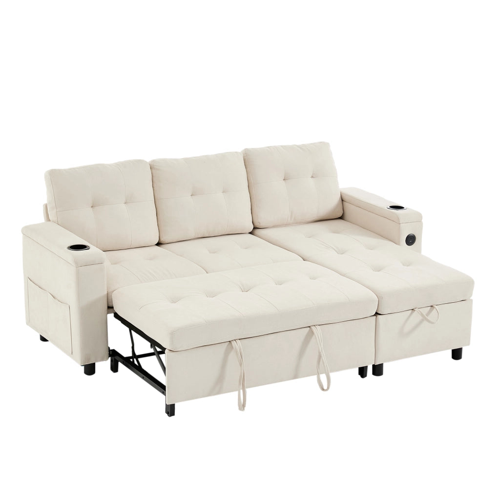 Divano letto angolare 3 posti con contenitore; LED; USB e portabicchieri in tessuto beige