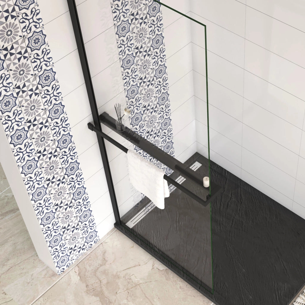 Mensola Doccia per Parete Doccia Walk in 100 cm Alluminio Nero Opaco Porta-asciugamani Adattabile Vetro da 8 mm
