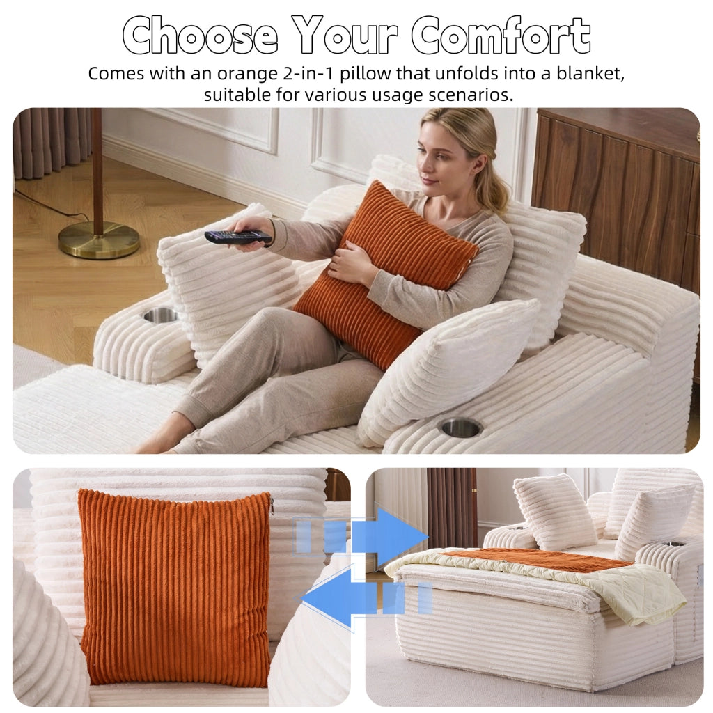 Divano convertibile senza struttura con chaise longue in velluto a coste con 3 cuscini e portabicchieri beige