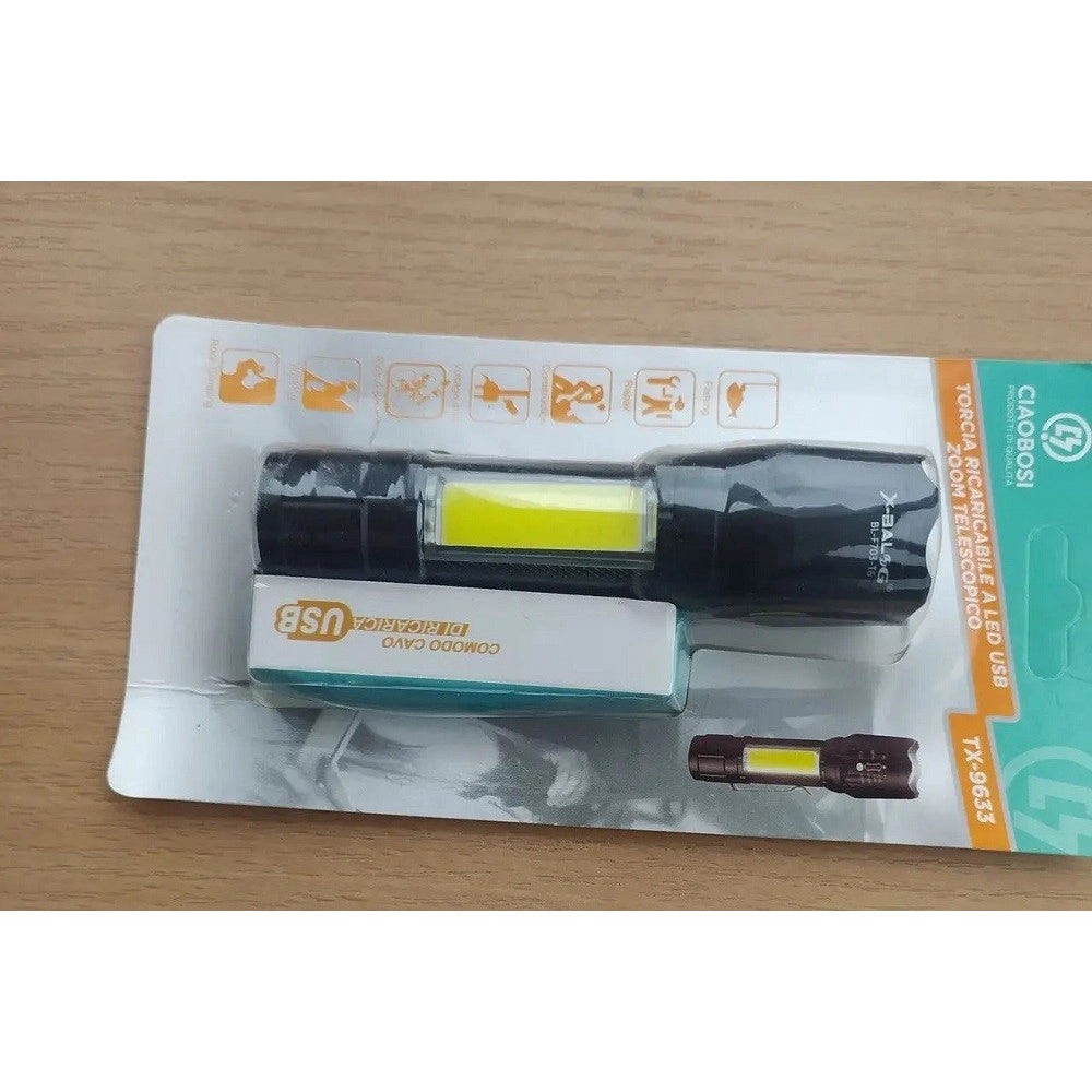 Trade Shop - Torcia Tattica Usb Ricaricabile A Led Zoom Telescopico Escursioni Pesca Tx-9633 -