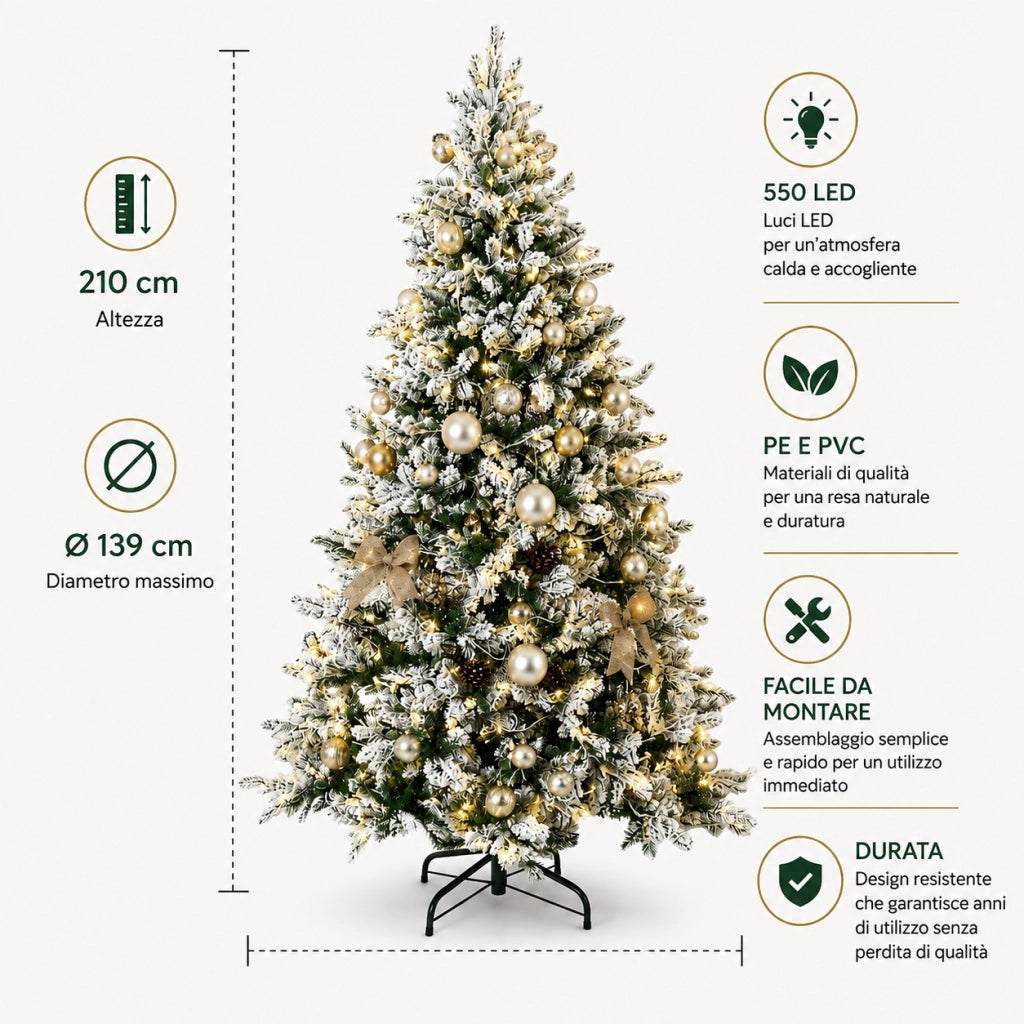 Albero di natale artico 210 cm innevato con luci integrate fortunato