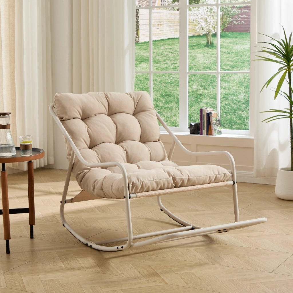 Sedia a Dondolo da Esterno con Oscillazione Regolabile e Cuscino Spesso; per Interni ed Esterni; Acciaio Beige