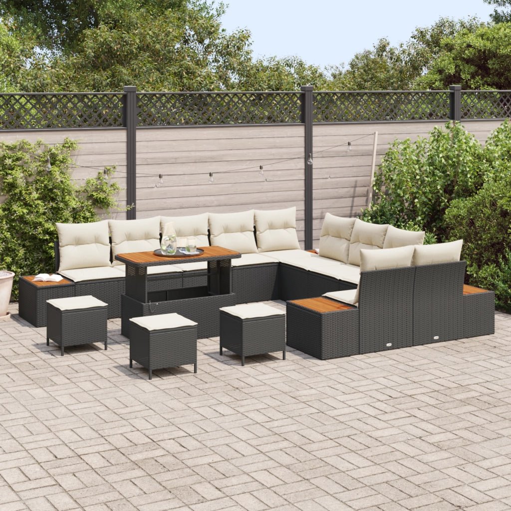 Set Divano Da Giardino 14 Pezzi Con Cuscini Nero Rattan In Polipropilene