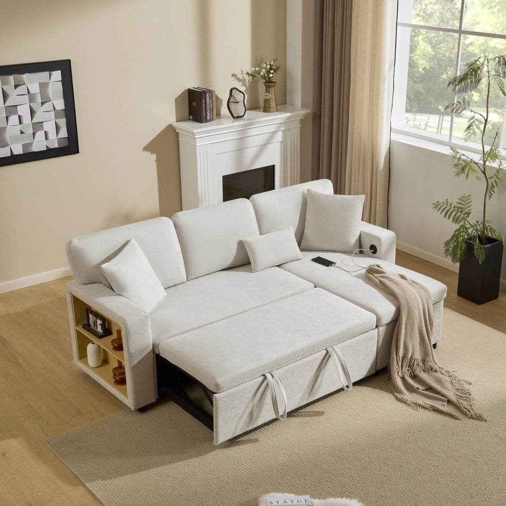 Divano letto angolare 3 posti - con ottomana reversibile; USB e contenitore - in flanella beige