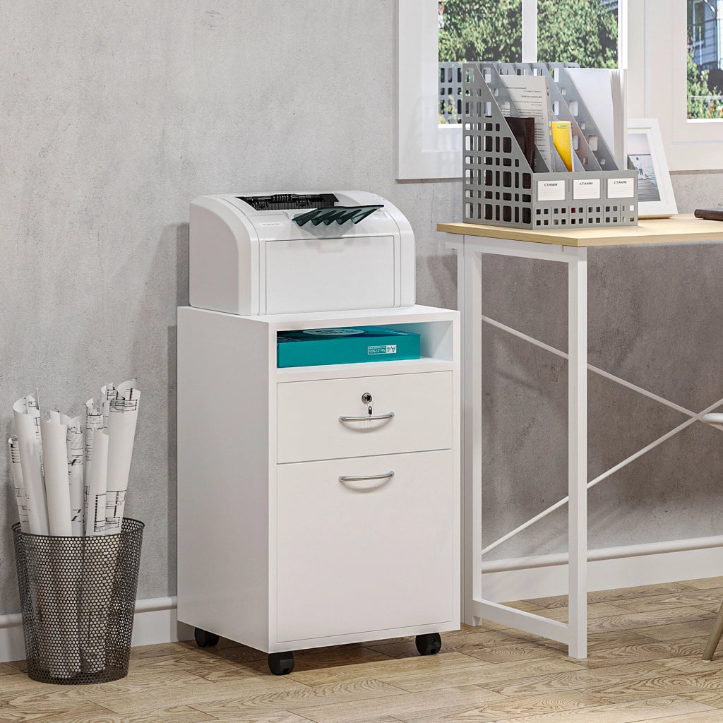 EasyComfort Schedario da Ufficio con Cassetto, Ruote a Freno e Ripiano Aperto, Cassettiera Ufficio con Serratura e 2 Chiavi per Lettera/Legale/Formato A4, Armadietto per Studio, 40x35x60cm, Bianco