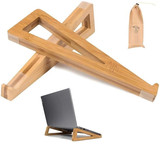 Sostegno Portatile Ergonomico - Design Houten - Altezza Regolabile - Accessori Scrivania - Ventilazione - Angolo di Visione Comodo - Elevatore Portatile