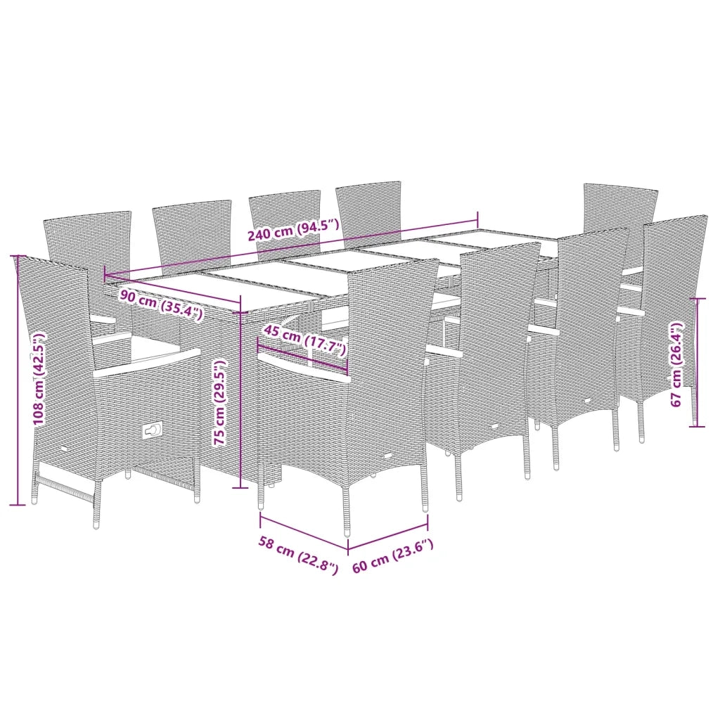 Set da Pranzo da Giardino 11 pz con Cuscini in Polyrattan Nero