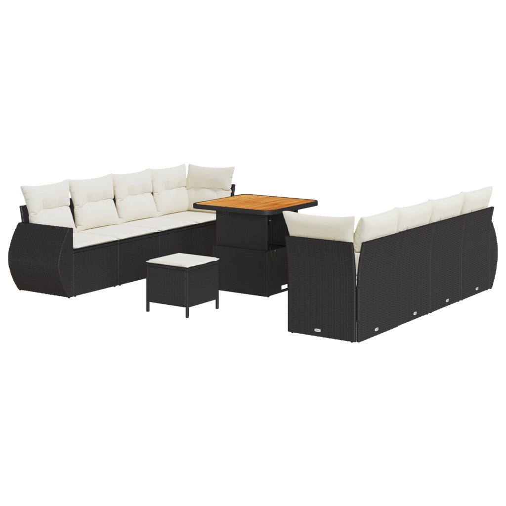 Set di divani da giardino in 11 pezzi con cuscini neri in polyrattan e acacia