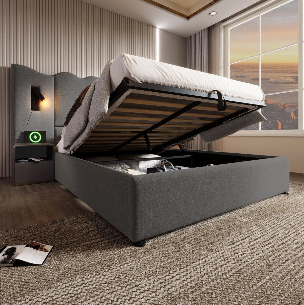 Letto matrimoniale contenitore ULEVR 160x200 cm con lampada orientabile, 2 USB e 2 Type-C, lino grigio
