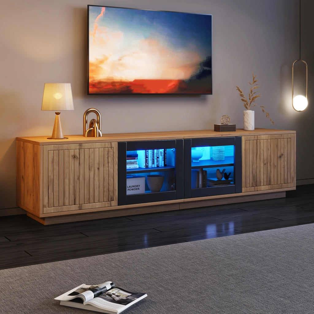 Mobile porta TV autoportante con LED e 4 ante, 2 in vetro temperato, 3 ripiani, per soggiorno, 180 × 40 × 45 cm