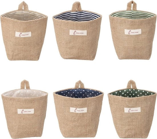 Set di contenitori di stoccaggio piccoli 6 pezzi di lino di cotone opacchiabili con tasche di appoggio per appendere oggetti di piccole dimensioni, accessori per bambini, accessori per trucco, chiavi e piccoli oggetti
