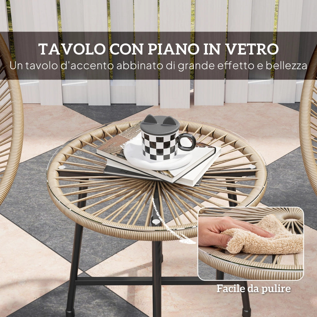 Set Giardino 3 Pezzi in Rattan e Acciaio con Sedie e Tavolino ¨C Zephmum ¨C Nero e Legno