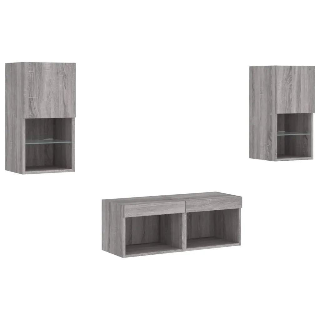 Mobili TV a Muro 4pz con Luci LED Grigio Sonoma