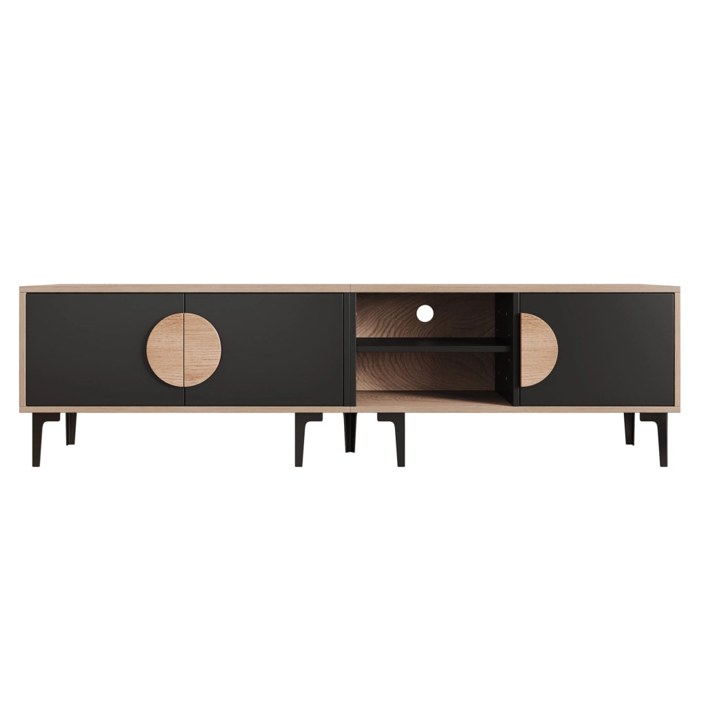 Mobile TV 180x35x49 cm con 3 ante e 2 vani aperti in truciolato naturale e nero