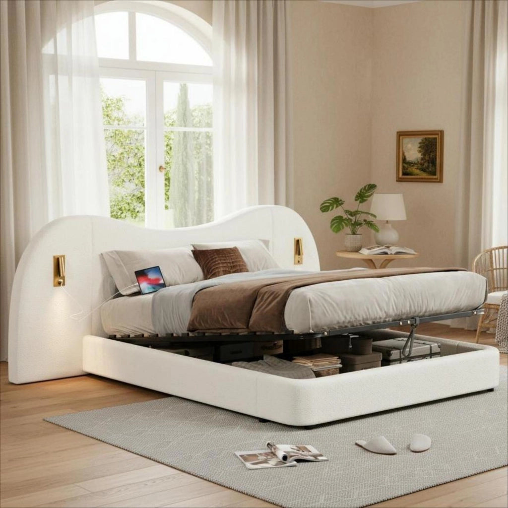 Letto imbottito con contenitore idraulico, USB e lampada, 180x200 cm, bianco bouclé